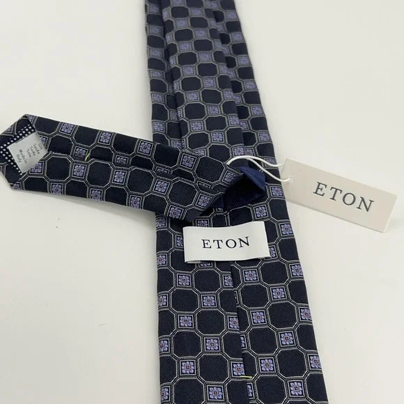 Eton Tie Mens One Size Navy Blue Silk Geometric Medallion Made Italy Necktie NWT
